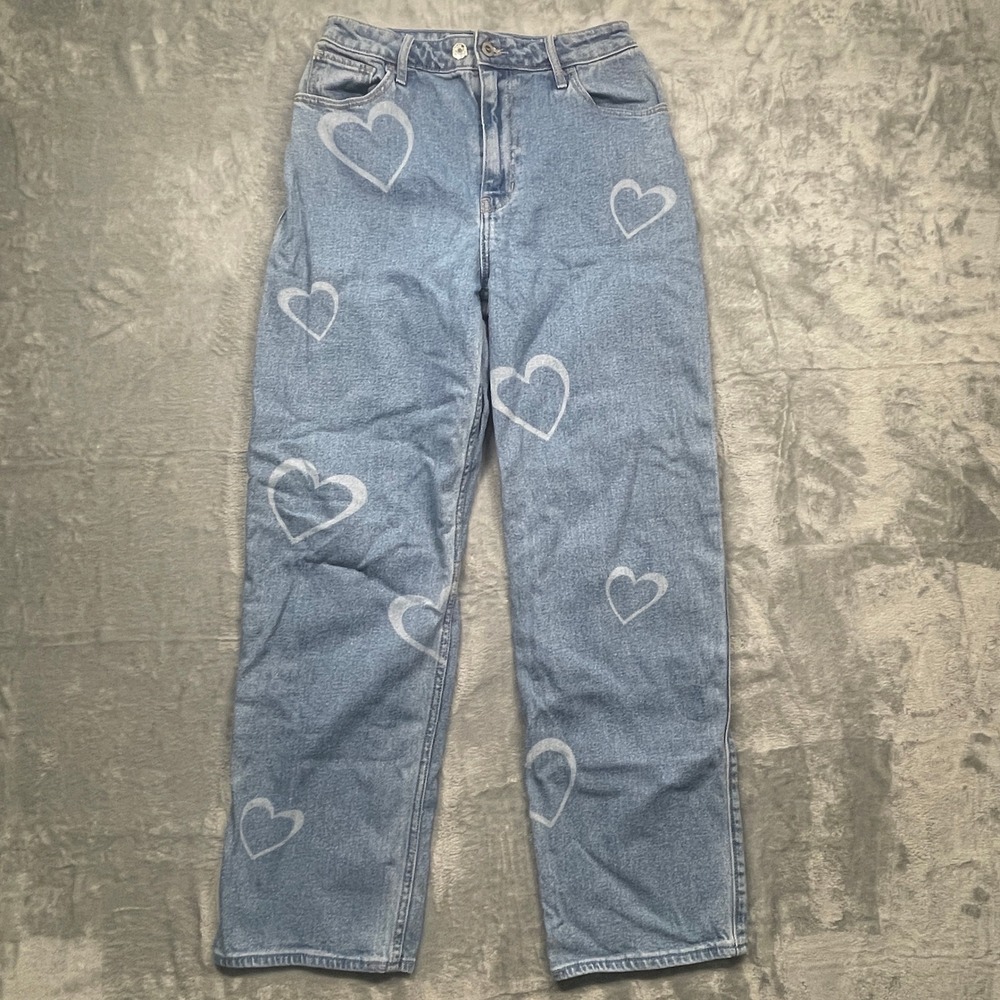 Hollister Dad Jeans Women 5R 27 Light Blue Heart Print Ultra High Rise Stretch